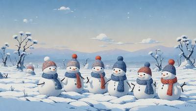 The primary subject of the image is a group of six snowmen standing in the snow. They are wearing hats and scarves, and their expressions are smiling. The setting is a snowy landscape, and the visual style is an illustration or a painting. The colors and mood of the image are predominantly white and cold, as it is a winter scene with snowmen.